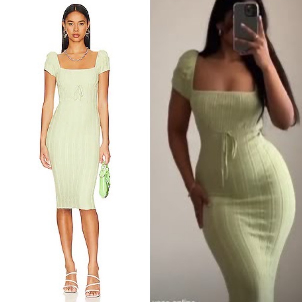 LPA Coco Ribbed Knit Square Neck Puff Sleeve Midi Sweater Dress Lime Green - Picture 3 of 8